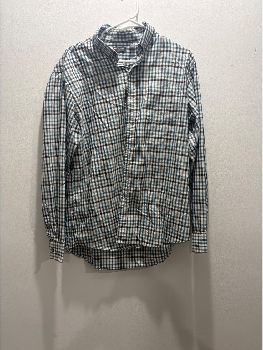 Van Heusen Flex Men's Plaid Button Down Shirt Size Large L 16-16.5 Teal Grey